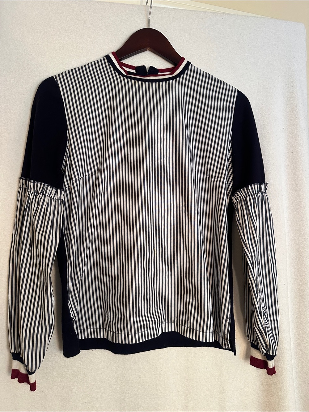 Striped Crewneck Top with Navy Panels and Red-Trim Collar